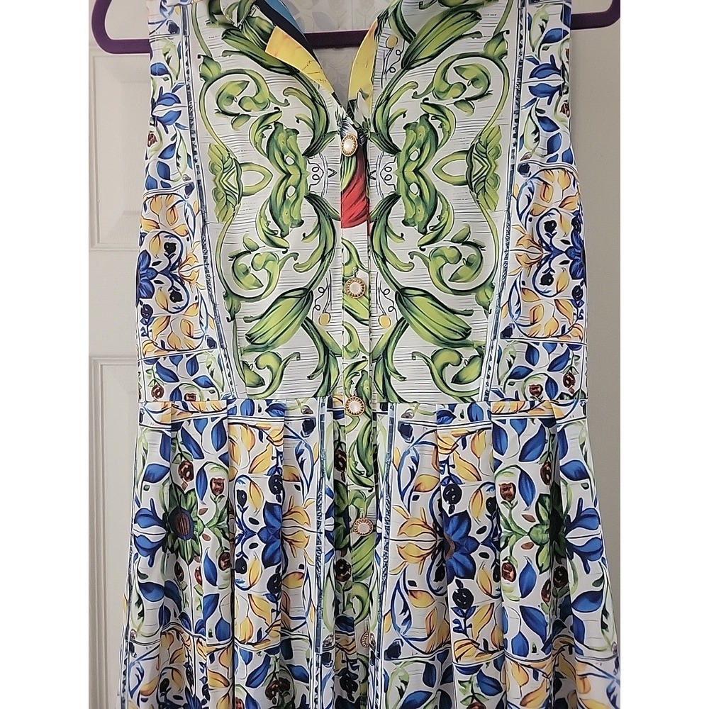 Pink Ripple Womens Blue Yellow Tile Floral Print Belted Sleeveless Midi Dress L - Picture 2 of 9